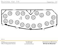 Plan view of the classroom that provides room capacity, seating locations and exits. Contact information is in the footer