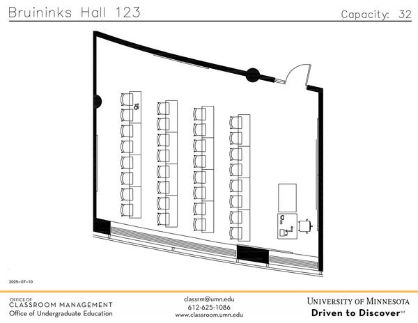 Plan view of the classroom that provides room capacity, seating locations and exits. Contact information is in the footer