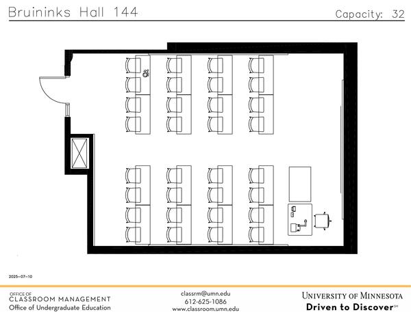 Plan view of the classroom that provides room capacity, seating locations and exits. Contact information is in the footer