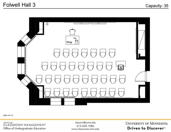 Plan view of the classroom that provides room capacity, seating locations and exits. Contact information is in the footer