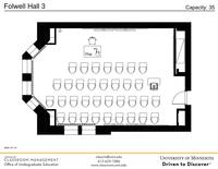 Plan view of the classroom that provides room capacity, seating locations and exits. Contact information is in the footer