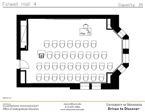 Plan view of the classroom that provides room capacity, seating locations and exits. Contact information is in the footer