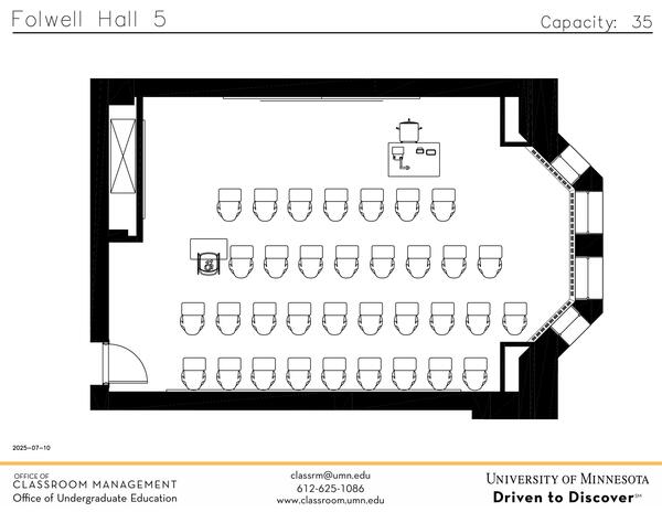 Plan view of the classroom that provides room capacity, seating locations and exits. Contact information is in the footer