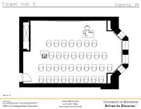 Plan view of the classroom that provides room capacity, seating locations and exits. Contact information is in the footer