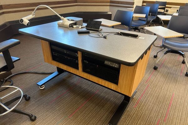 Pedestal - instructor view of the pedestal at the front of the room