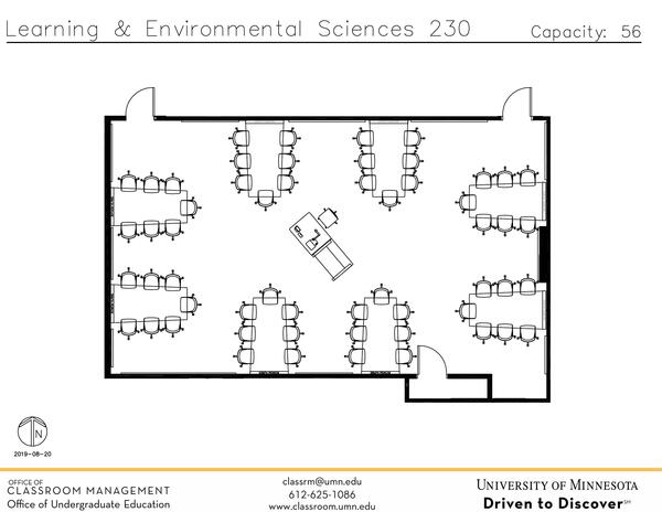 Plan view of the classroom that provides room capacity, seating locations and exits. Contact information is in the footer
