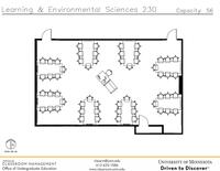 Plan view of the classroom that provides room capacity, seating locations and exits. Contact information is in the footer