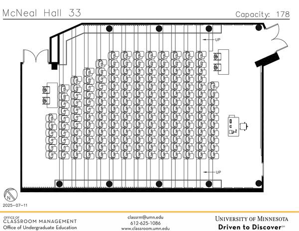 Plan view of the classroom that provides room capacity, seating locations and exits. Contact information is in the footer