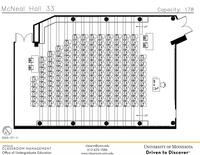 Plan view of the classroom that provides room capacity, seating locations and exits. Contact information is in the footer