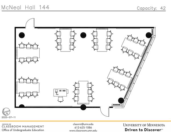 Plan view of the classroom that provides room capacity, seating locations and exits. Contact information is in the footer