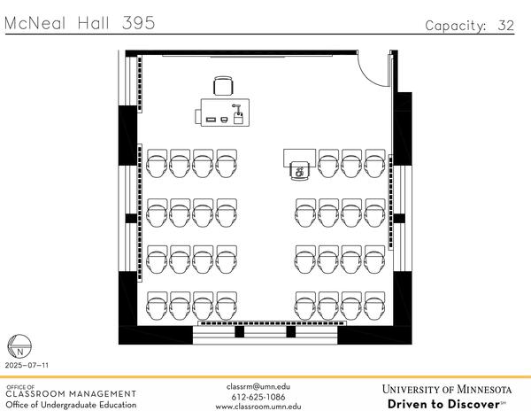 Plan view of the classroom that provides room capacity, seating locations and exits. Contact information is in the footer