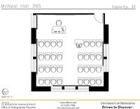 Plan view of the classroom that provides room capacity, seating locations and exits. Contact information is in the footer