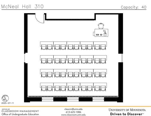 Plan view of the classroom that provides room capacity, seating locations and exits. Contact information is in the footer