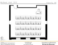 Plan view of the classroom that provides room capacity, seating locations and exits. Contact information is in the footer