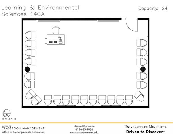 Plan view of the classroom that provides room capacity, seating locations and exits. Contact information is in the footer