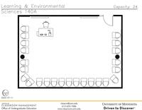 Plan view of the classroom that provides room capacity, seating locations and exits. Contact information is in the footer