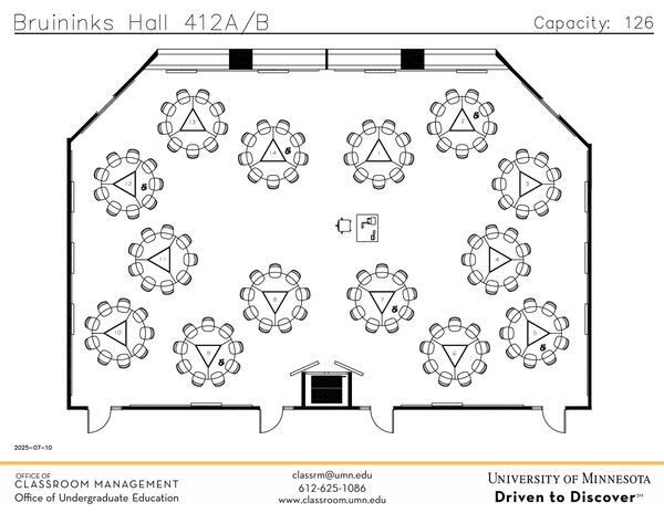 Plan view of the classroom that provides room capacity, seating locations and exits. Contact information is in the footer