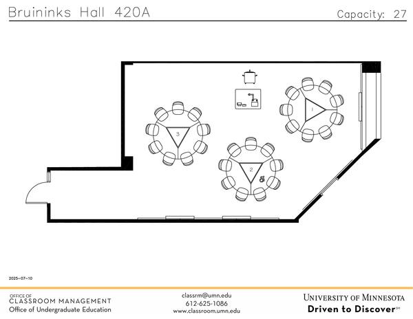 Plan view of the classroom that provides room capacity, seating locations and exits. Contact information is in the footer