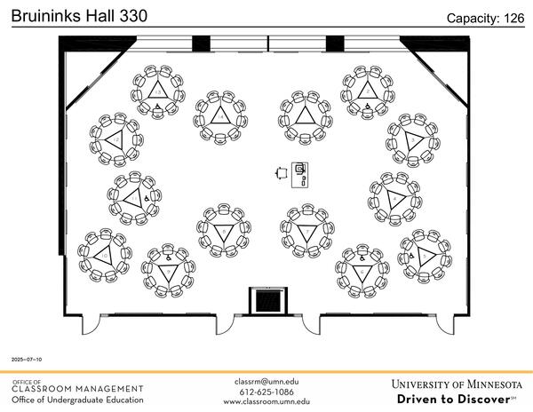 Plan view of the classroom that provides room capacity, seating locations and exits. Contact information is in the footer