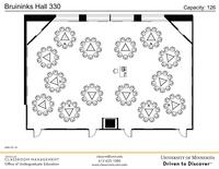 Plan view of the classroom that provides room capacity, seating locations and exits. Contact information is in the footer