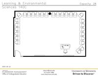 Plan view of the classroom that provides room capacity, seating locations and exits. Contact information is in the footer