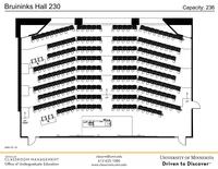 Plan view of the classroom that provides room capacity, seating locations and exits. Contact information is in the footer