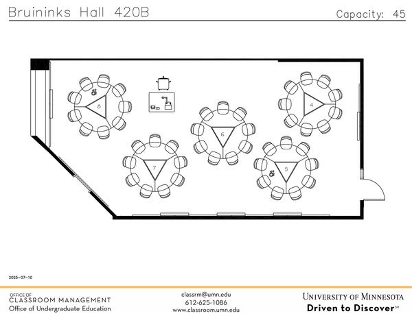Plan view of the classroom that provides room capacity, seating locations and exits. Contact information is in the footer