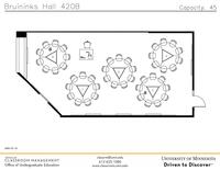 Plan view of the classroom that provides room capacity, seating locations and exits. Contact information is in the footer
