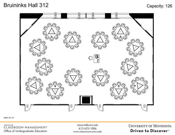 Plan view of the classroom that provides room capacity, seating locations and exits. Contact information is in the footer