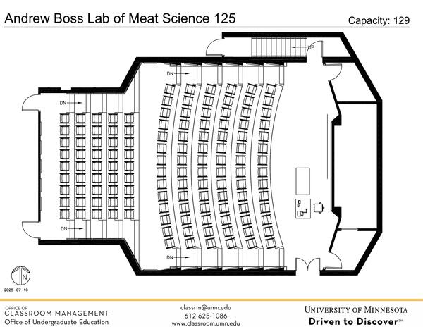 Plan view of the classroom that provides room capacity, seating locations and exits. Contact information is in the footer