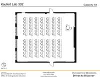 Plan view of the classroom that provides room capacity, seating locations and exits. Contact information is in the footer