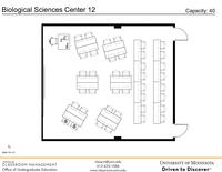 Plan view of the classroom that provides room capacity, seating locations and exits. Contact information is in the footer