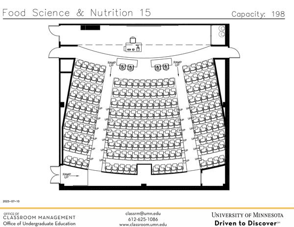 Plan view of the classroom that provides room capacity, seating locations and exits. Contact information is in the footer