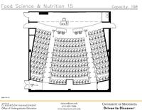Plan view of the classroom that provides room capacity, seating locations and exits. Contact information is in the footer