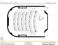 Plan view of the classroom that provides room capacity, seating locations and exits. Contact information is in the footer