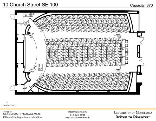 Plan view of the classroom that provides room capacity, seating locations and exits. Contact information is in the footer