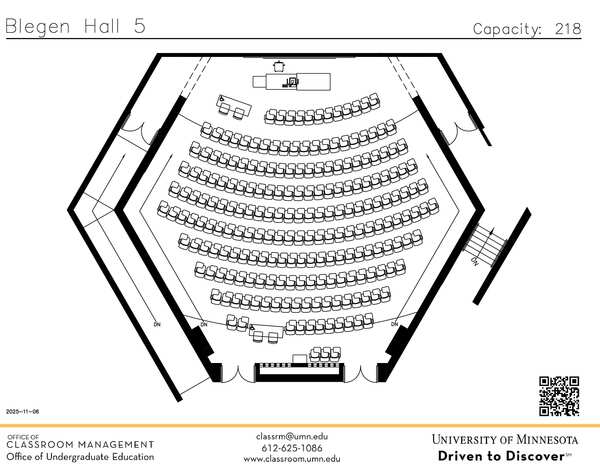 Plan view of the classroom that provides room capacity, seating locations and exits. Contact information is in the footer
