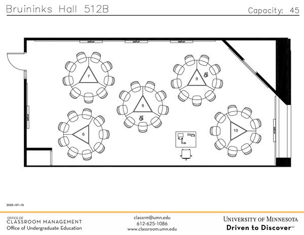 Plan view of the classroom that provides room capacity, seating locations and exits. Contact information is in the footer
