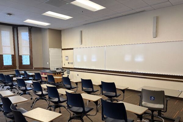 Front of Room View with Instructor Pedestal to Left of Board