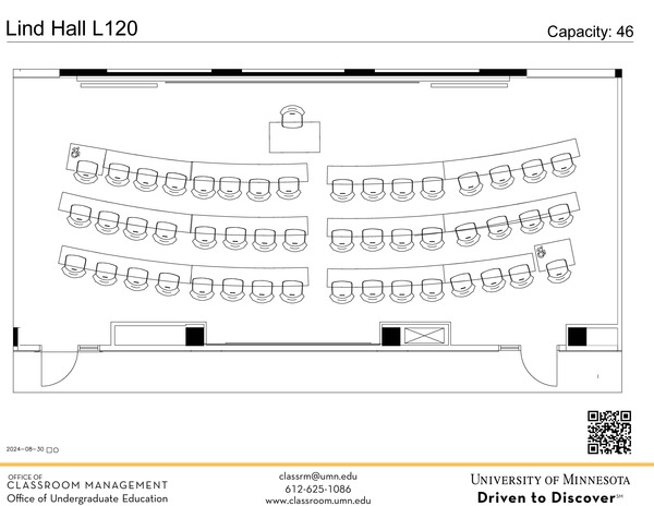 Plan view of the classroom that provides room capacity, seating locations and exits. A QR code links to room schedule and contact information is in the footer