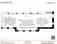 Plan view of the classroom that provides room capacity, seating locations and exits. A QR code links to room schedule and contact information is in the footer