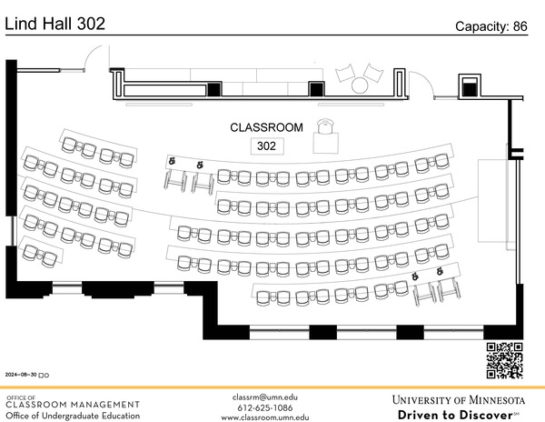 Plan view of the classroom that provides room capacity, seating locations and exits. A QR code links to room schedule and contact information is in the footer