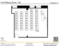 Plan view of the classroom that provides room capacity, seating locations and exits. A QR code links to room schedule and contact information is in the footer