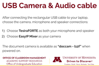 Instructions for USB camera and audio cable signal names: 1)  choose TesiraFORTE for microphone and speaker, 2) choose EasyIP Mixer for camera 