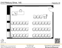 Plan view of the classroom that provides room capacity, seating locations and exits. A QR code links to room schedule and contact information is in the footer