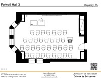 Plan view of the classroom that provides room capacity, seating locations and exits. A QR code links to room schedule and contact information is in the footer