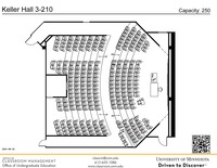 Plan view of the classroom that provides room capacity, seating locations and exits. A QR code links to room schedule and contact information is in the footer