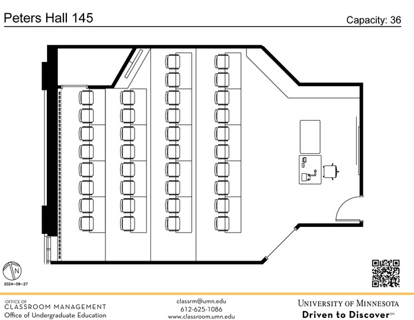 Plan view of the classroom that provides room capacity, seating locations and exits. A QR code links to room schedule and contact information is in the footer