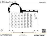 Plan view of the classroom that provides room capacity, seating locations and exits. A QR code links to room schedule and contact information is in the footer