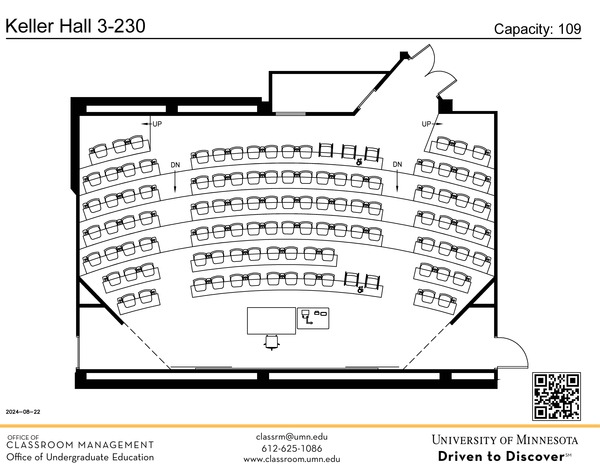 Plan view of the classroom that provides room capacity, seating locations and exits. A QR code links to room schedule and contact information is in the footer